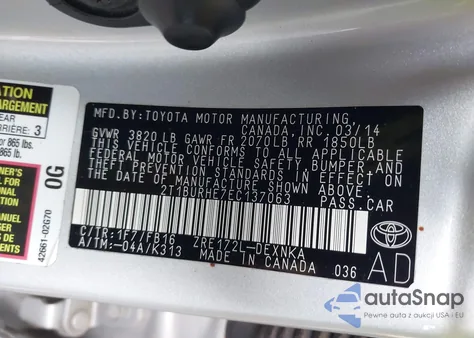 2014 Toyota Corolla Le from USA, damaged, VIN 2T1BURHE7EC137063